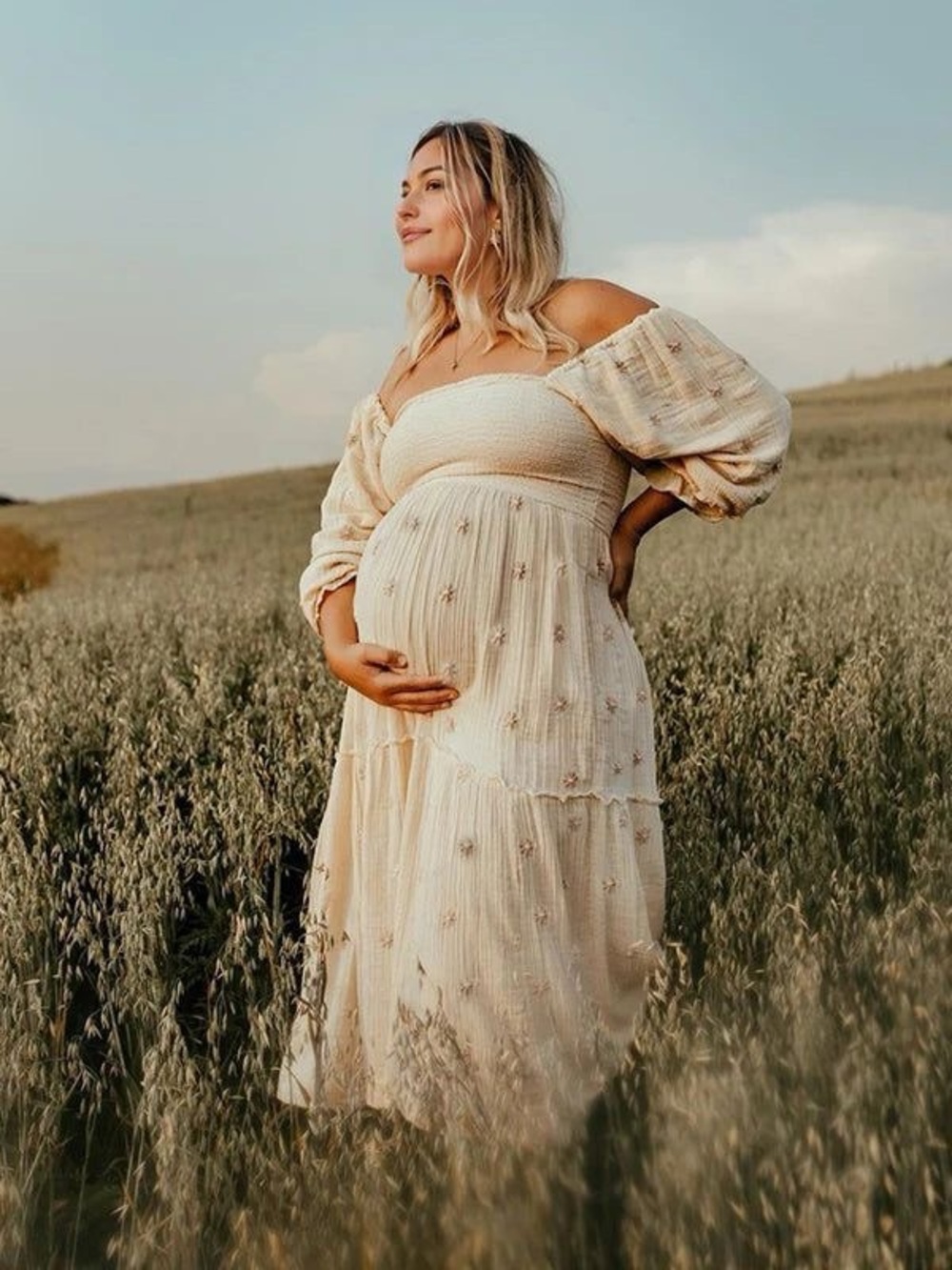 Smocked Off-Shoulder Maxi Maternity Dress in Cream
